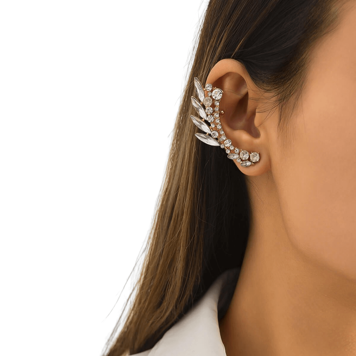 Cute Leaves Rhinestone Elf Ear Shaped Metal Earrings