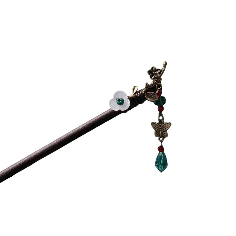 HUAZHUI - Little Flower Wood Hairpin With Pendant