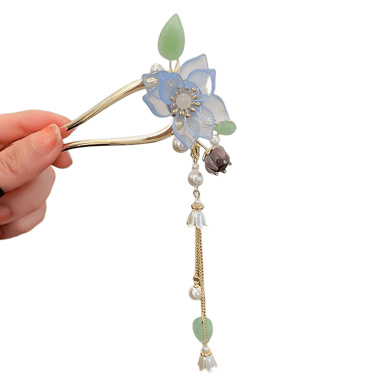 FANHUA - Crystal Textured Flower Hairpin With Tassel
