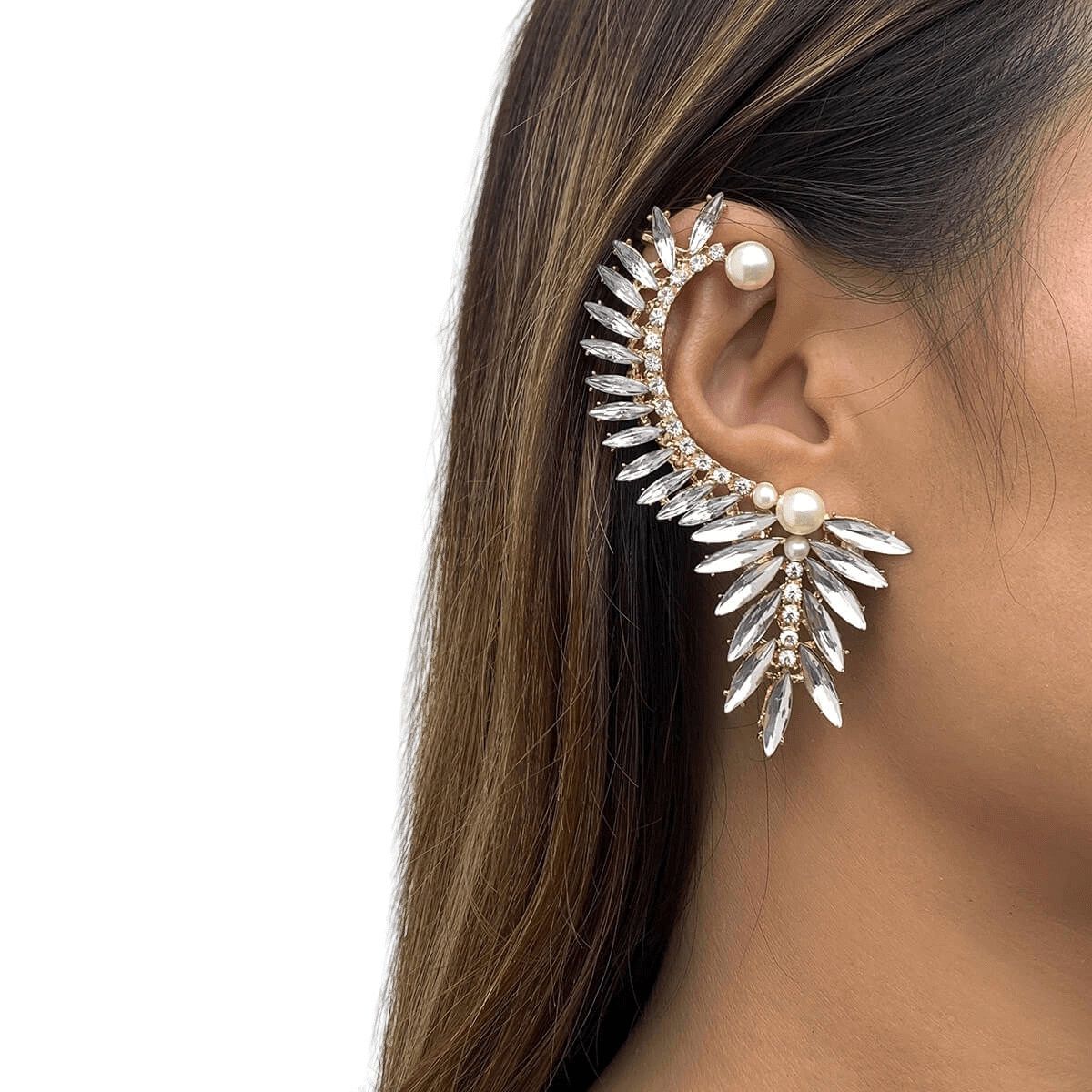 Shining Pearl and Rhinestone Elf Ear Shaped Metal Earrings