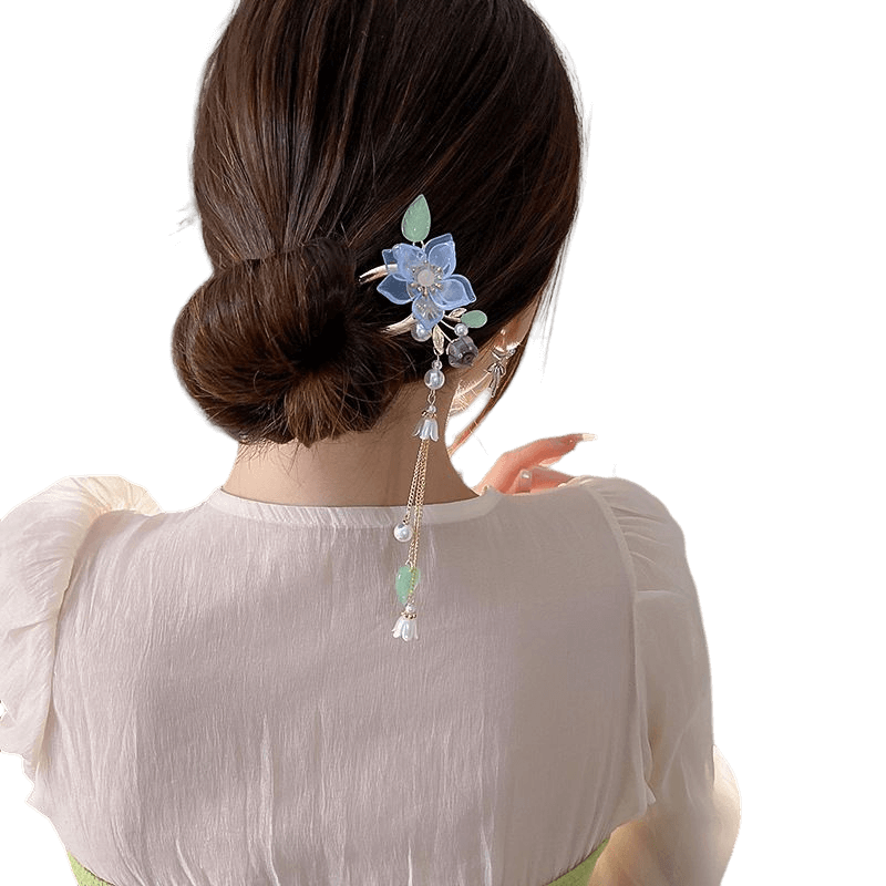 FANHUA - Crystal Textured Flower Hairpin With Tassel