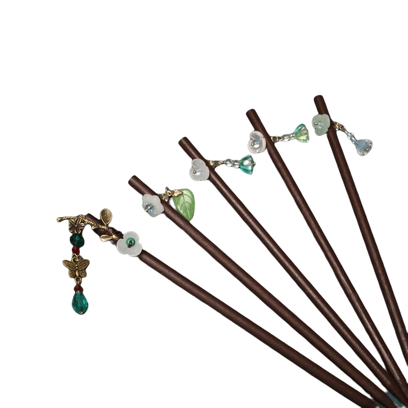 HUAZHUI - Little Flower Wood Hairpin With Pendant